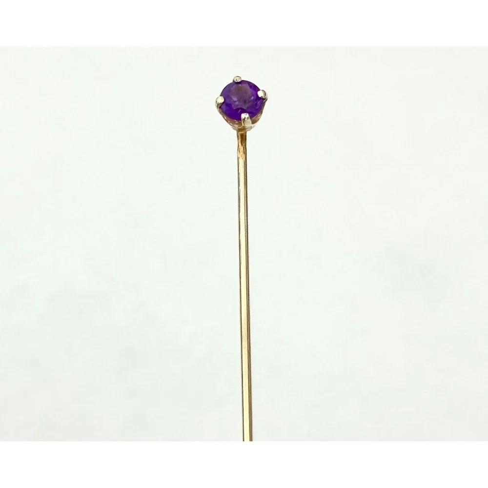 14K Yellow Gold Genuine Amethyst Gemstone Ladies Slim Stick Pin 2